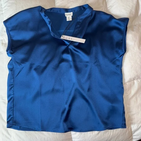 Nicole Miller New York Satin Sapphire Blouse Women's Luxe Top - Size L NWT - Picture 3 of 6